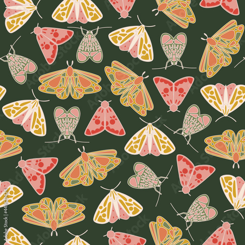 Vintage green moth butterflies seamless pattern