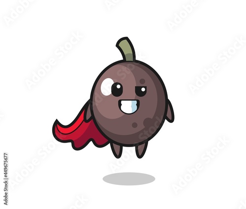 the cute black olive character as a flying superhero