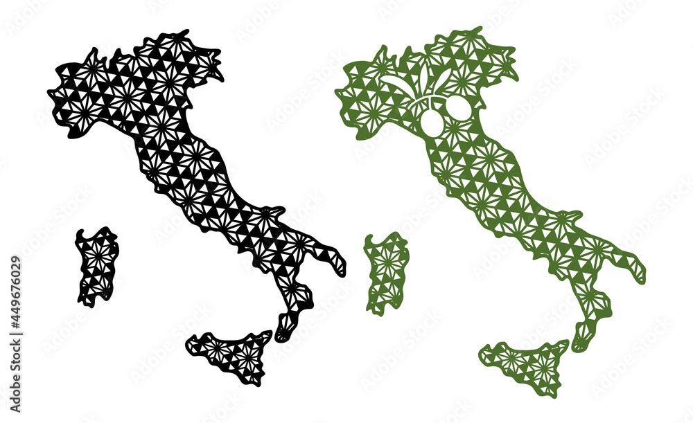 Contour of Italy with decorative geometric patterns and the symbol of Italy - olives. Cut and Sublimation File
