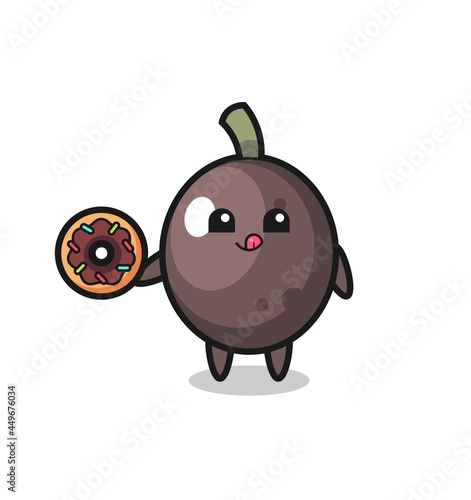 illustration of an black olive character eating a doughnut