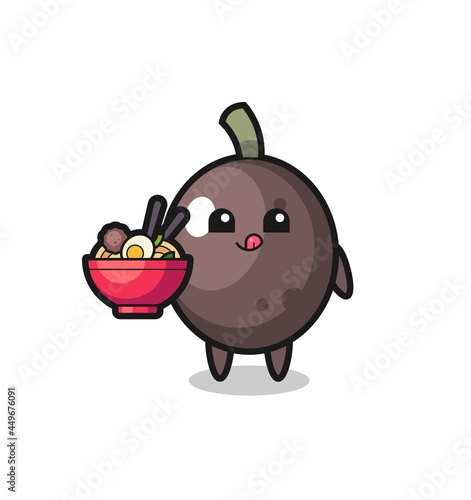 cute black olive character eating noodles