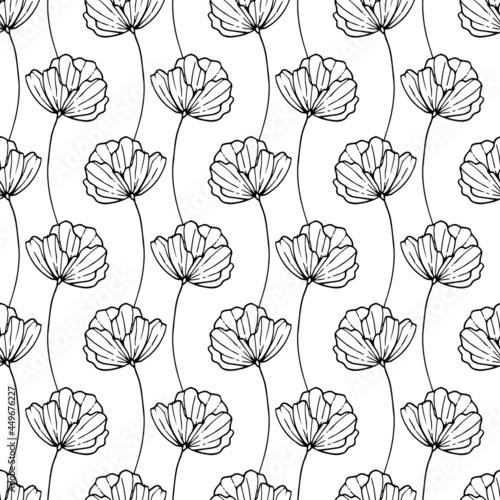 Black and White Line Art Flower Vector Seamless Pattern