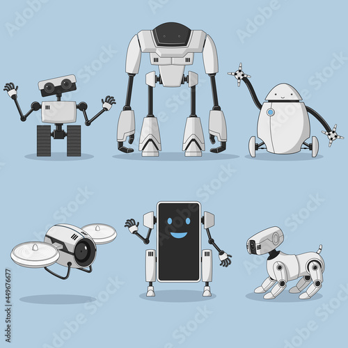 illustration set modern robot cartoon character  winged,wheels style mobile,dog,drone,egg isolated.  With expressions Artificial Intelligence Concept on a blue background