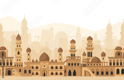 Arabic city traditional mosque buildings silhouettes panorama view. Islamic architecture landscape vector illustration. Traditional arabic mudbrick cityscape