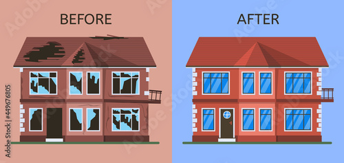 Old broken abandoned building before and after renovation. Dilapidated suburban cottage house under construction vector illustration set. Home repair and renovation
