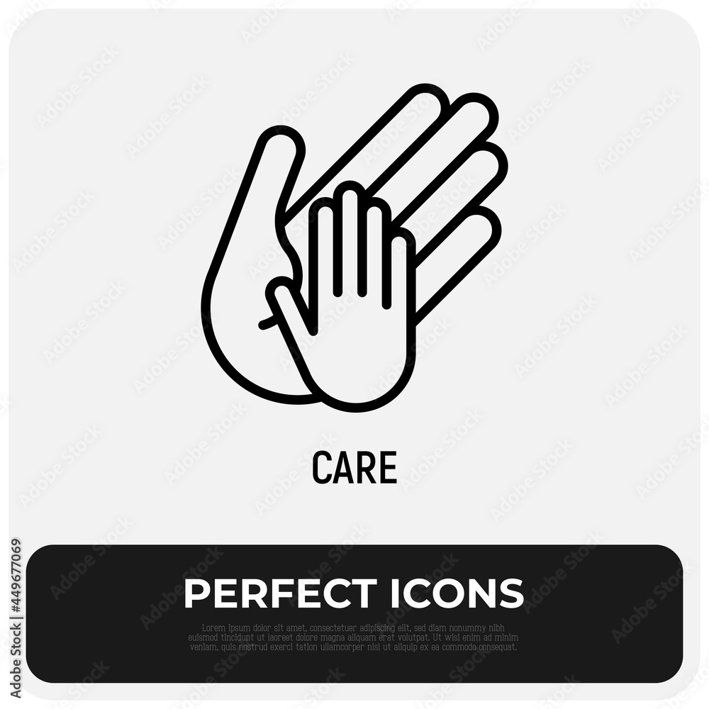 Hand of adult holds child's hand thin line icon. Modern vector illustration, care sign. Hand of adult holds child's hand thin line icon. Modern vector illustration, care sign.