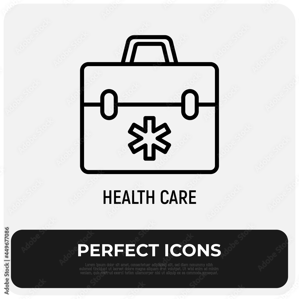 Emergency bag, fist aid kit thin line icon. Symbol of healthcare. Vector illustration. Emergency bag, fist aid kit thin line icon. Symbol of healthcare. Vector illustration.
