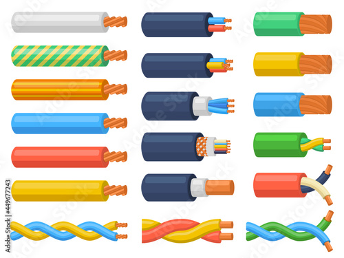 Electric copper core power supply wires cables. Electrical cable wires, flexible electricity equipment vector illustration set. Hardware electrical cable