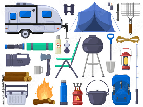 Hiking camping outdoor adventure tourist elements. Nature adventure tent, mobile home, grill, campfire, binoculars vector illustration set. Outdoor camping equipment