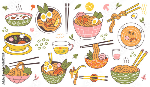 Doodle ramen noodles traditional asian food bowls. Japanese cuisine noodle soup, delicious noodles in meat broth vector illustration. Oriental food ramen bowls