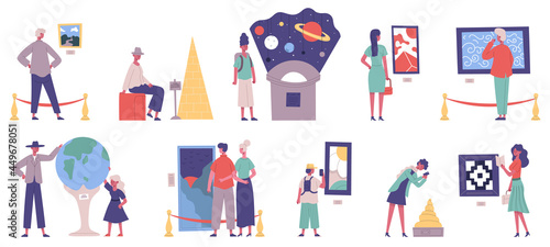 Museum  art gallery and planetarium exhibition excursion visitors. Gallery painting artwork and history museum exhibitions vector illustration set
