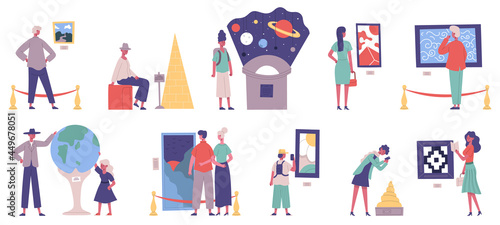 Museum, art gallery and planetarium exhibition excursion visitors. Gallery painting artwork and history museum exhibitions vector illustration set