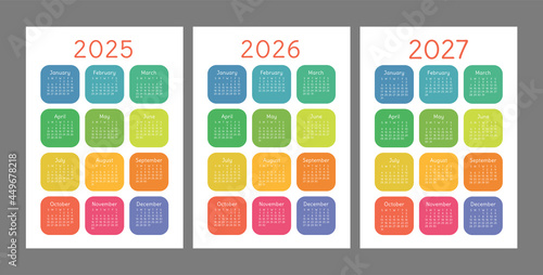 Pocket calendar 2025, 2026 and 2027 years. Portrait orientation. English colorful vector set. Vertical template. Design collection. Week starts on Sunday