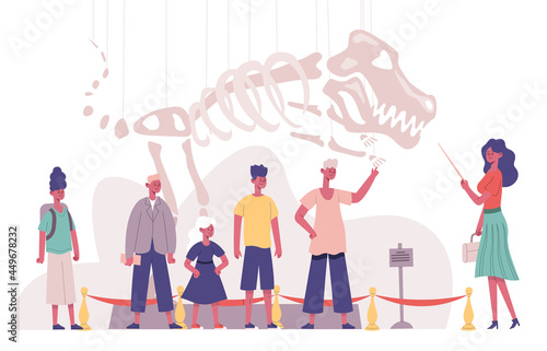 Children group natural history museum educational guide excursion. School students visiting archeology museum vector illustration. Kids paleontology excursion
