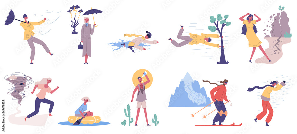 Natural cataclysm disasters, flood, snowfall, stormy wind. People hit in extreme cataclysm disasters, flood, hurricane, snowfall and rain storm vector illustration set