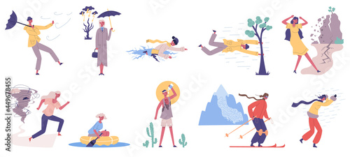 Natural cataclysm disasters  flood  snowfall  stormy wind. People hit in extreme cataclysm disasters  flood  hurricane  snowfall and rain storm vector illustration set