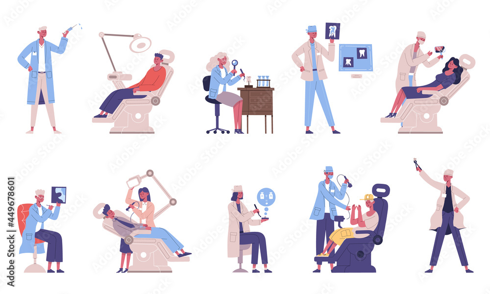 Medical dental teeth checkup doctor and patient characters. Dentist checking teeth, medical dentists examines patient vector illustration set. Oral hygiene and dental care