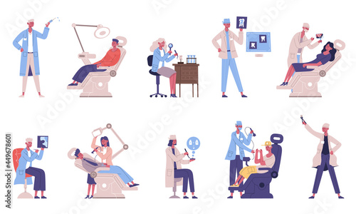 Medical dental teeth checkup doctor and patient characters. Dentist checking teeth, medical dentists examines patient vector illustration set. Oral hygiene and dental care