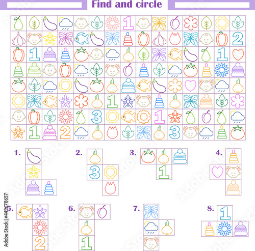  Logic game for children. Development of attention, thinking. Find and circle the fragments shown below