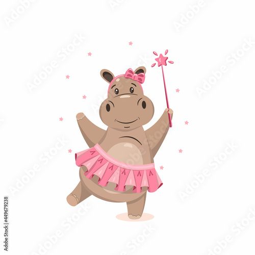 Cute hippo in a pink skirt with a magic wand and stars.