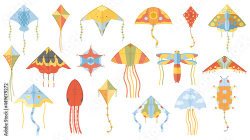 Cartoon summer outdoor activity flying paper kites. Children kite games paper toy isolated vector illustration set. Wind flying kids kite toys