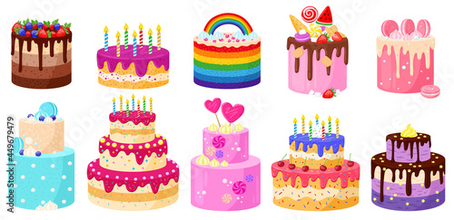 Cartoon Birthday holiday party celebration delicious cakes. Happy Birthday chocolate and strawberry candles cakes vector illustration set. Birthday decorated desserts