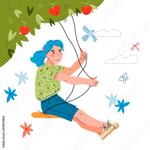 Cute child girl on swing under tree, flat vector illustration isolated on white background. Kids summer outdoor entertainments and happy childhood concept.