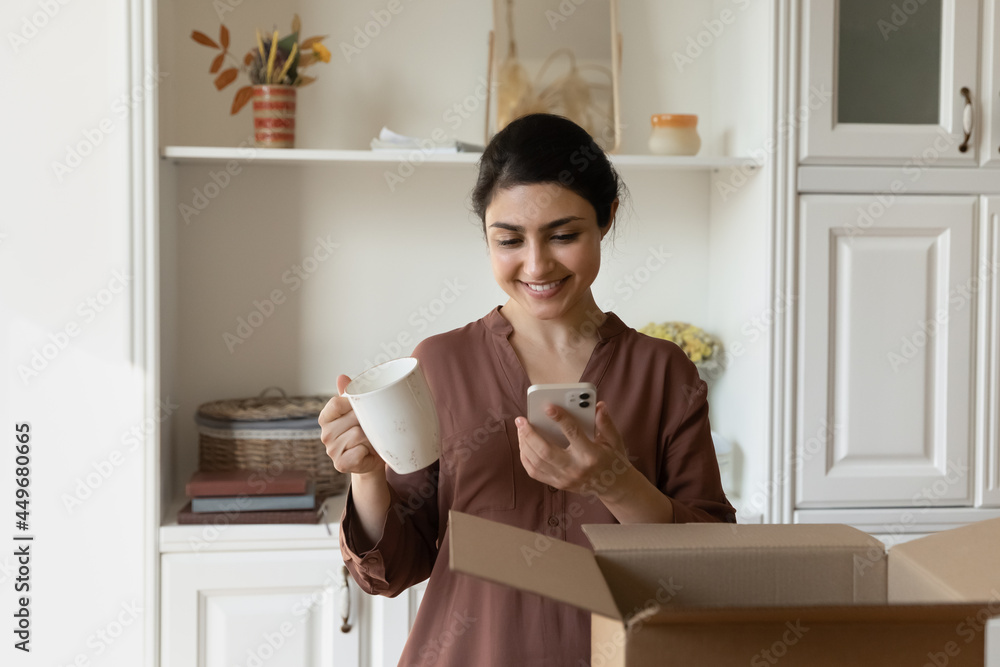 Smiling Indian woman buyer use cellphone shopping online for porcelain kitchenware settling at new home. Happy young ethnic female renter unpack unbox parcel with tableware buying on smartphone. Smiling Indian woman buyer use cellphone shopping online for porcelain kitchenware settling at new home. Happy young ethnic female renter unpack unbox parcel with tableware buying on smartphone.