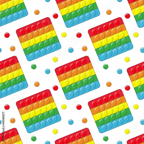 Pop it. Square colorful rainbow silicone antistress relaxation toy, kids trendy game, vector cartoon isolated popit. Decor textile, wrapping paper wallpaper vector print or fabric