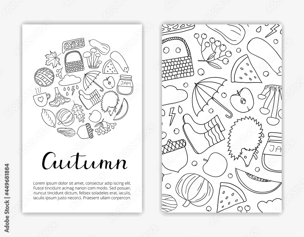 Card templates with hand drawn autumn items.