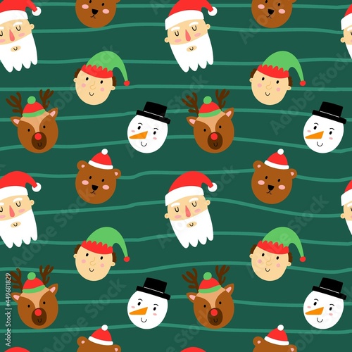 Christmas characters seamless pattern. Cute xmas portraits, Canta Claus and snowman, Rudolf deer and elf, winter bear and rabbit. Decor textile, wrapping paper wallpaper, vector print or fabric