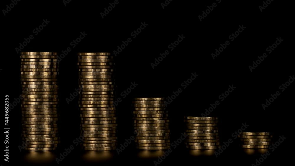 4K Stop motion shows the stack of five piles of gold cash coins ...