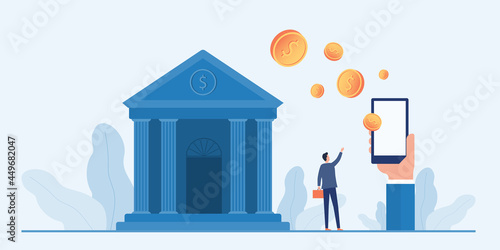 Flat business design technology mobile banking concept with hand hold mobile for online money transfer 