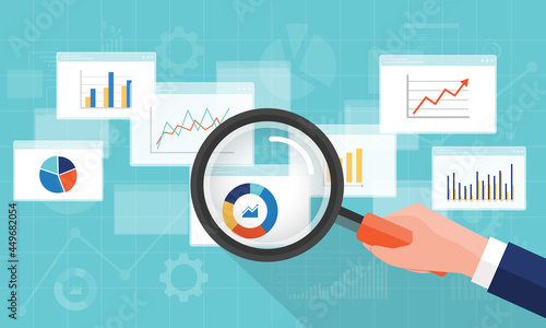 flat business analytics graph dashboard and finance investment planning background with hand hold magnifying glass for research concept