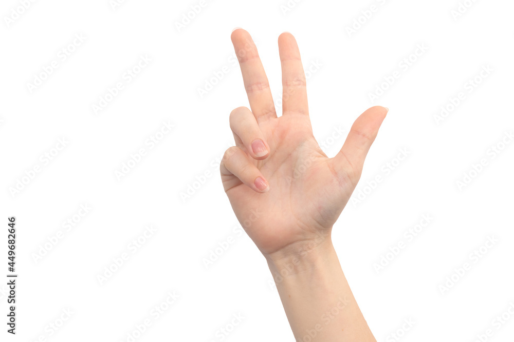 Hand gesture with fingers, isolated on a white background, young female hand close-up Hand gesture with fingers, isolated on a white background, young female hand close-up