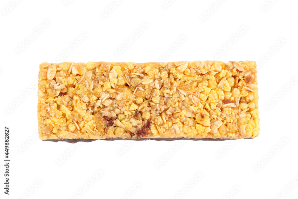 Protein bar with granola isolated on white, top view. Healthy snack Protein bar with granola isolated on white, top view. Healthy snack