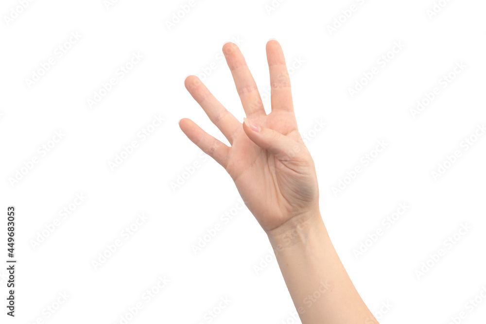 Naklejka premium Hand gesture four fingers, isolated on a white background, young female hand close-up