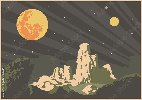 Unknown Planet Landscape, Retro Future Sci Fi Space Illustrations Stylization 