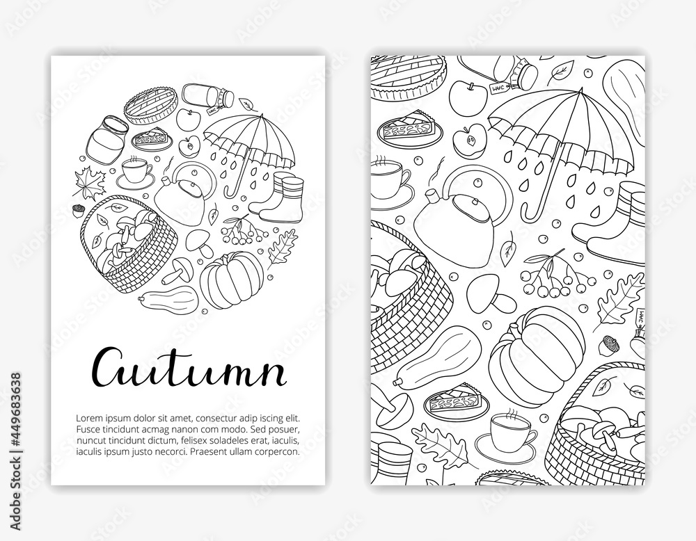 Card templates with hand drawn autumn items.