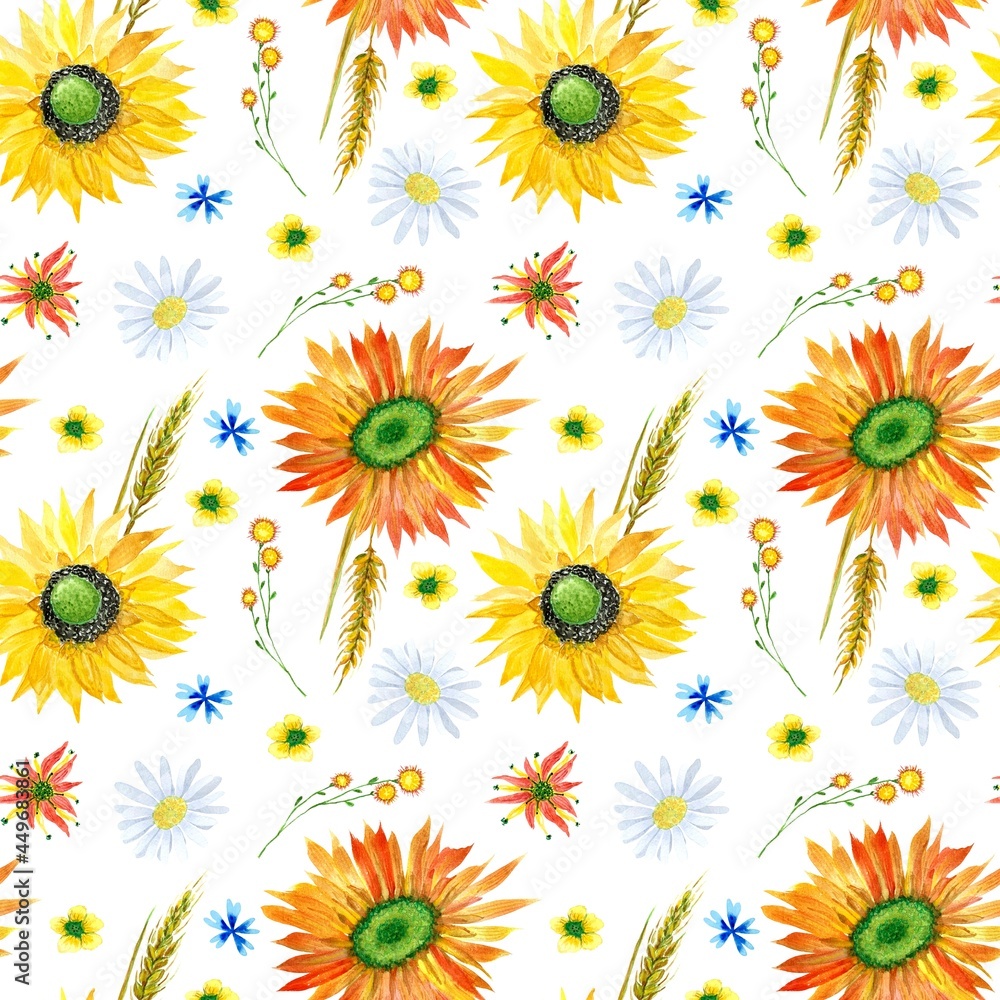 Watercolor seamless pattern with sunflowers, daisies, wheat and flowers, autumn illustration