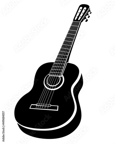 Guitar Musical Instrument - vector black and white silhouette illustration for logo or pictogram. Acoustic Guitar - stringed instrument - identity sign or icon.