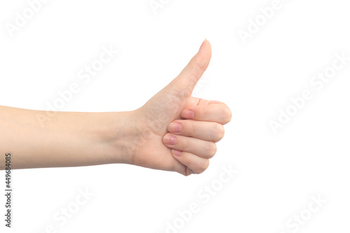 Wallpaper Mural Hand gesture thumb up, isolated on a white background, young female hand close-up Torontodigital.ca