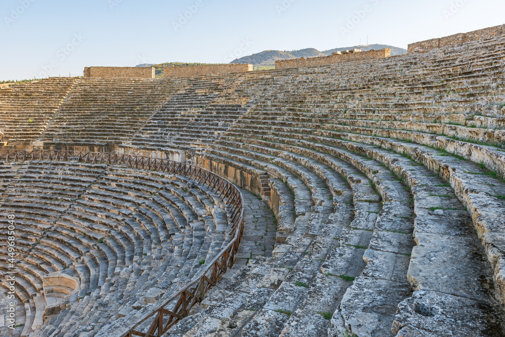 Turkey, Denizli, Pamukkale travertine and ancient city of Hierapolis. The Pamukkale Amphitheater of the ruined city of Hierapolis