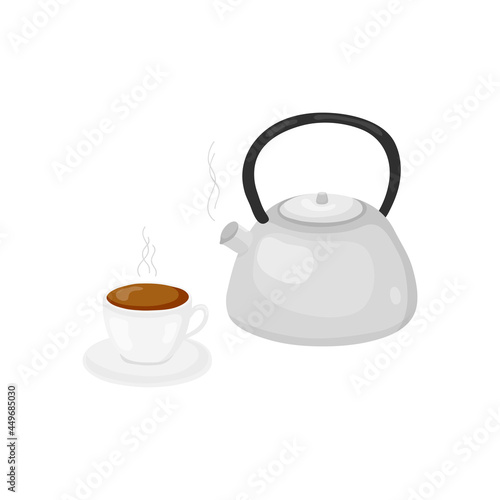 Cartoon tea in ceramic cup and teapot illustration.