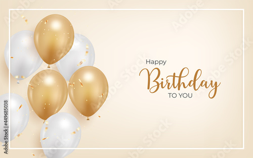 happy birthday background with realistic balloon and golden confetti.