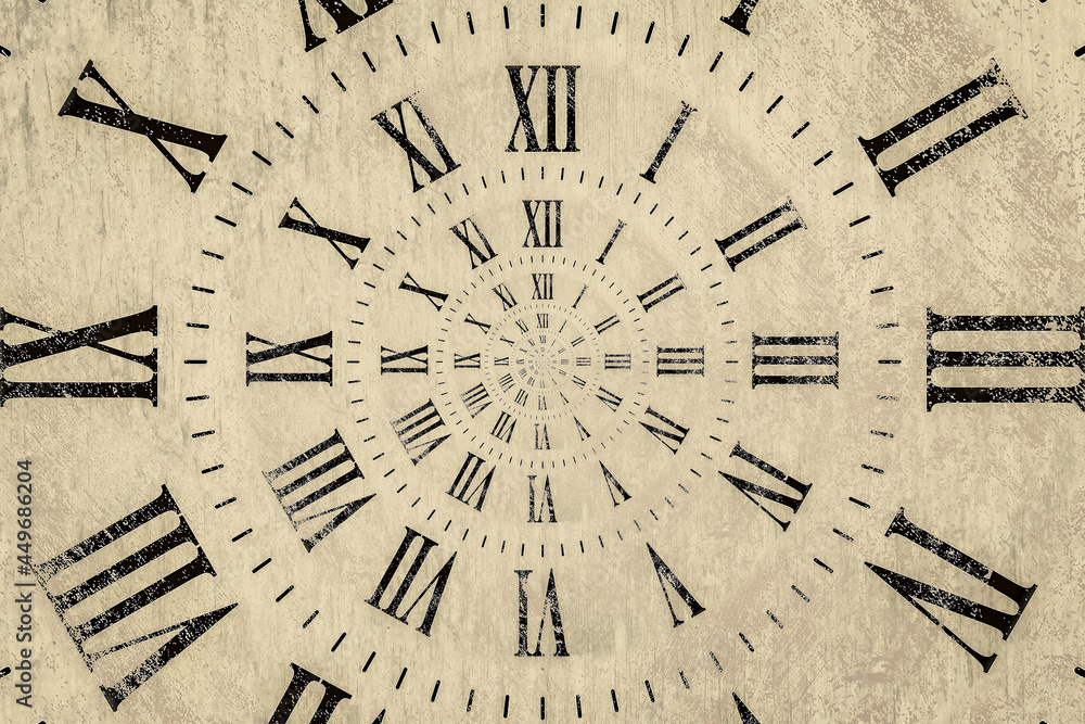 Droste effect background with infinite clock spiral. Abstract design for concepts related to time.