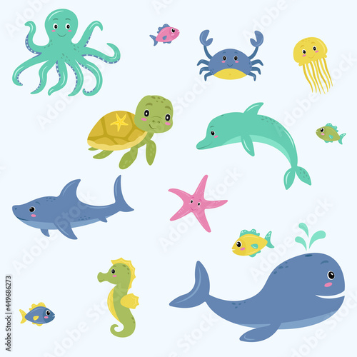 Sea, ocean life cute vector cartoon illustration set for children. Fish, whale, octopus, turtle, sea star, shark, sea horse, crab, jellyfish, dolphin. Bright good characters