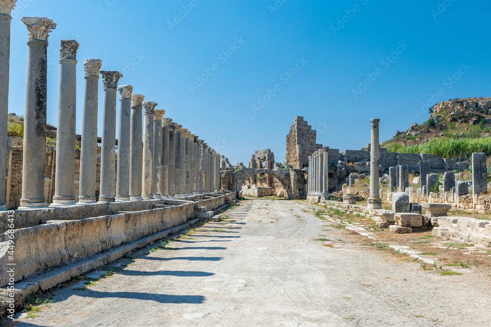The ruins of the ancient city of Perge. Perge is an ancient Greek city on the southern Mediterranean coast of Turkey.