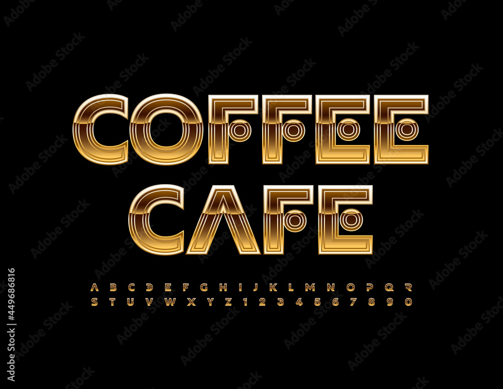 Vector premium logo Coffee Cafe. Unique Gold Font. Glossy Alphabet Letters and Numbers set