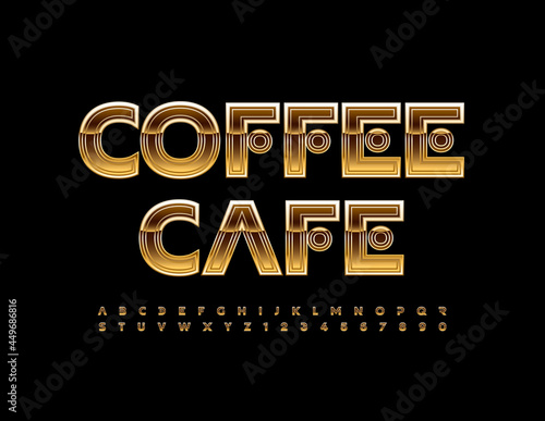Vector premium logo Coffee Cafe. Unique Gold Font. Glossy Alphabet Letters and Numbers set